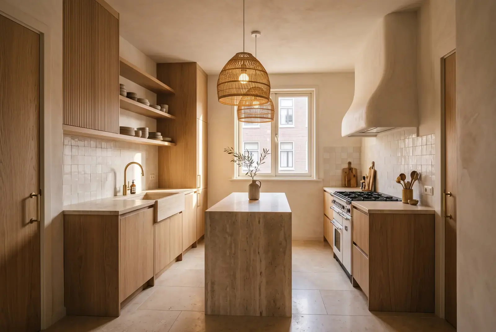 Maatwerk keuken in eiken en travertin, na