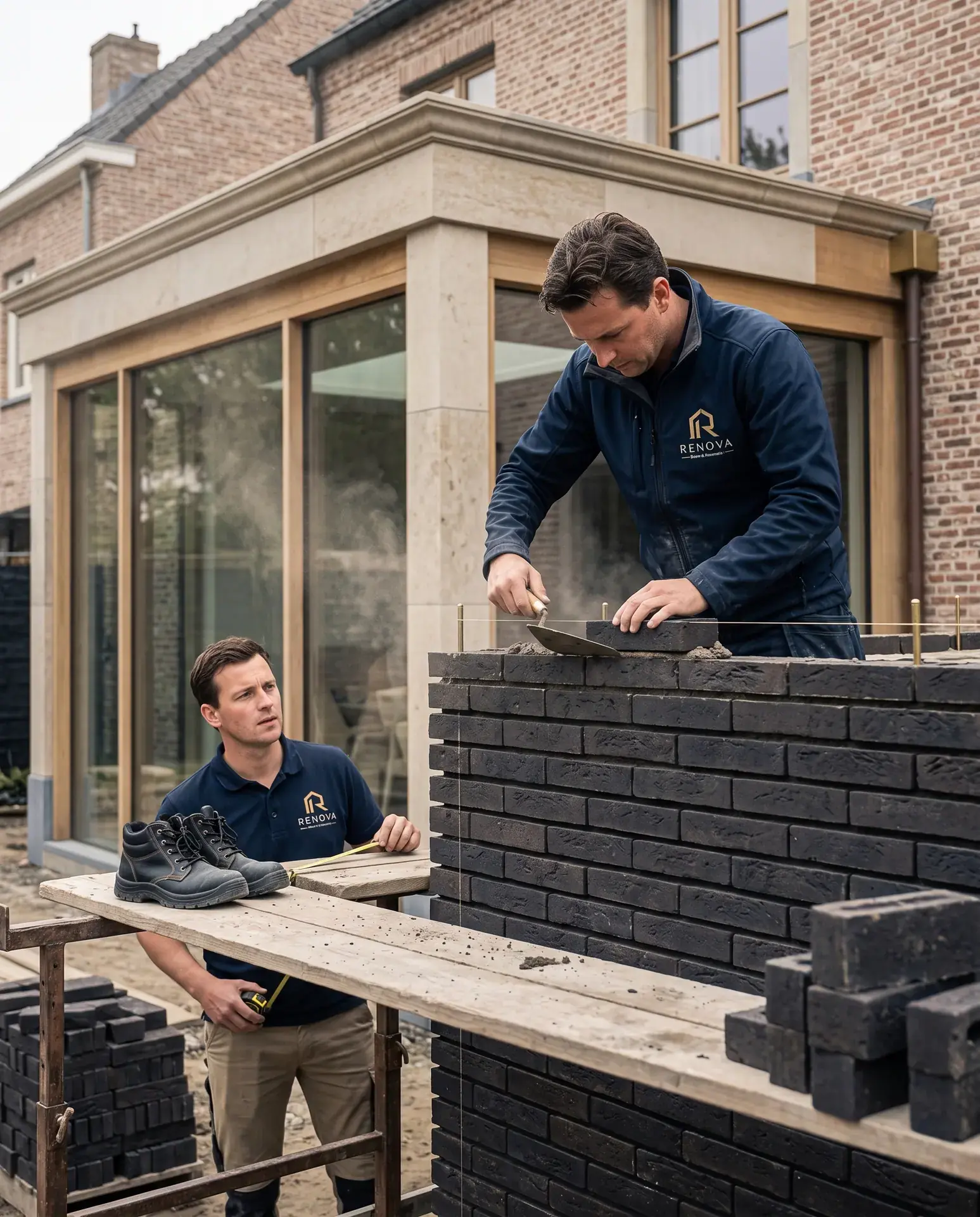 Metselwerk van een aanbouw met stalen kozijnen