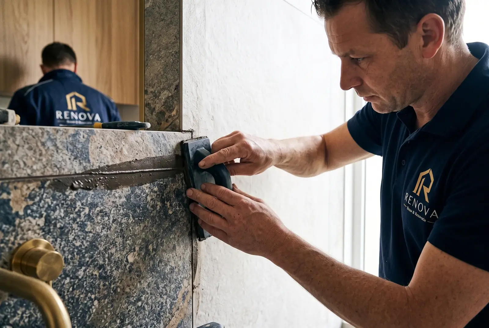 Voegen van een natuurstenen wand met messing kraan