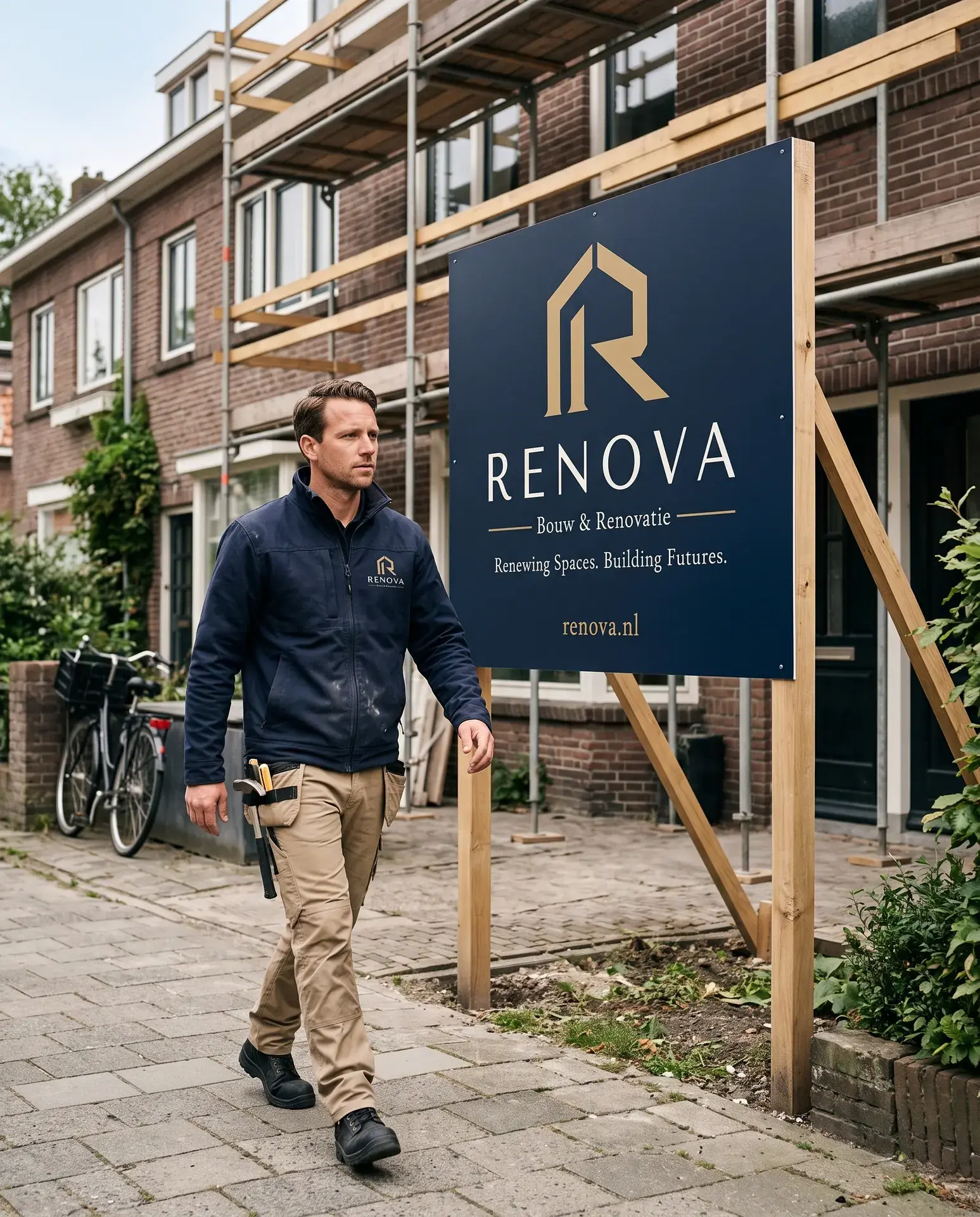 RENOVA-bouwbord bij een project in de stad