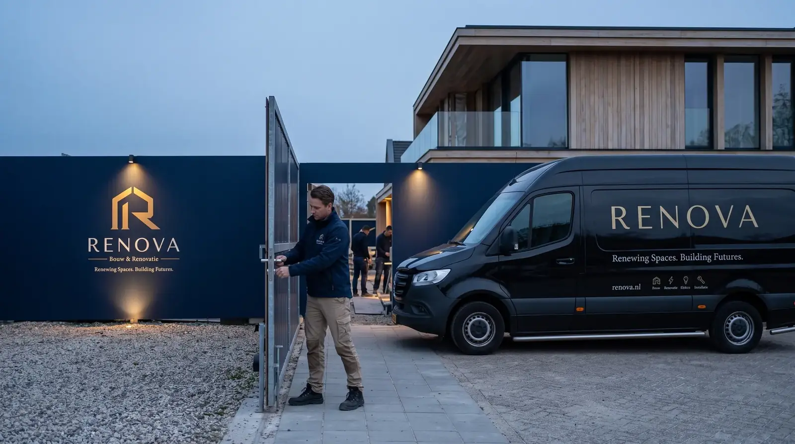 Verlicht bouwhek en RENOVA-bus bij schemer