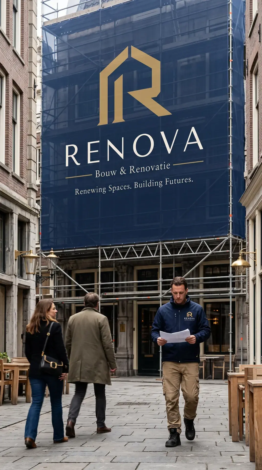 Groot steigerdoek van RENOVA in een binnenstad