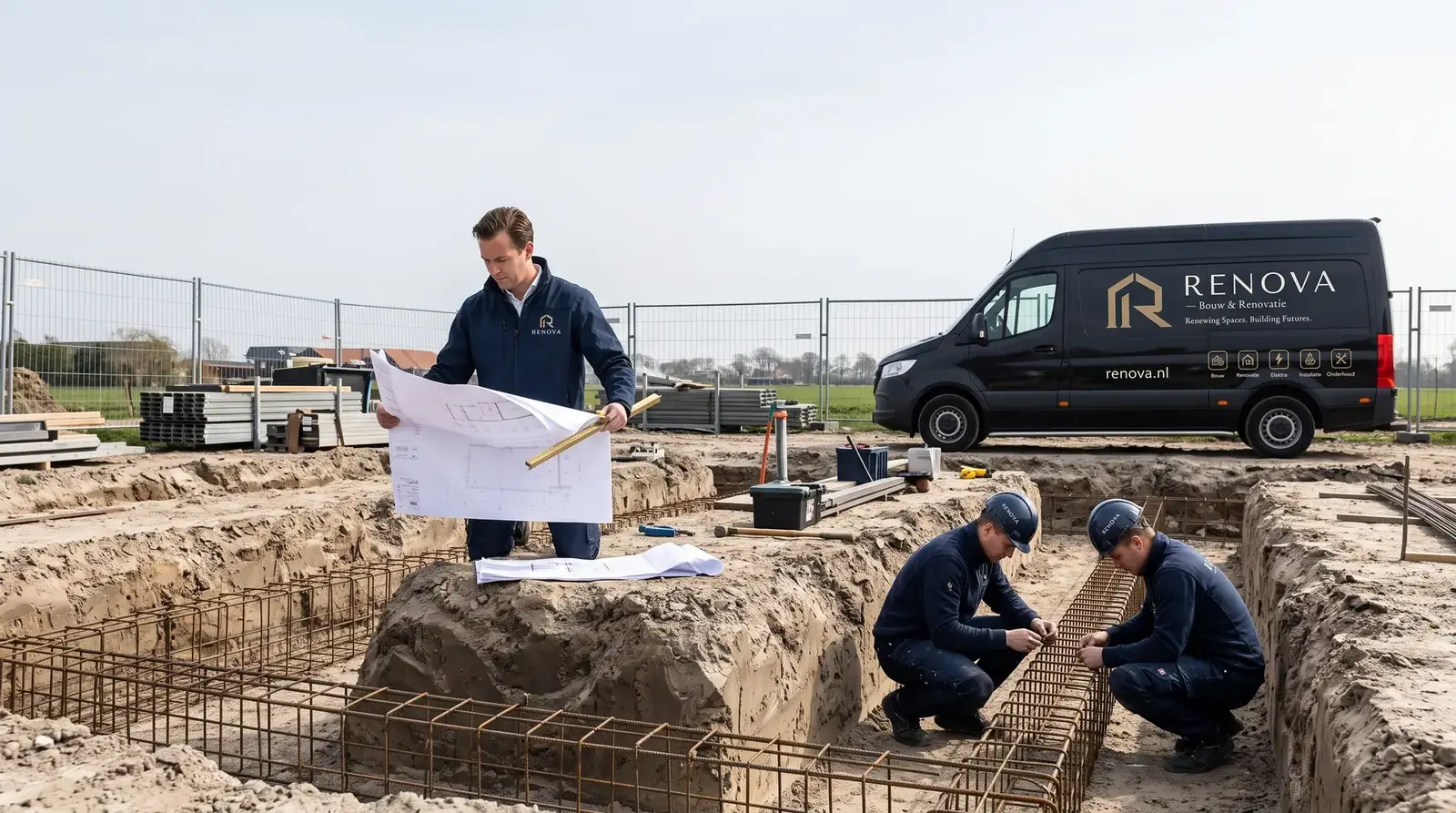 Wapening van een fundering met RENOVA-bus op de bouwplaats