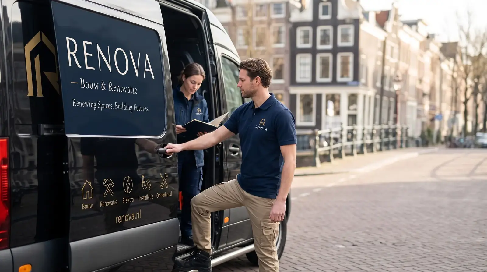 Zijdeur van de RENOVA-bus aan de gracht