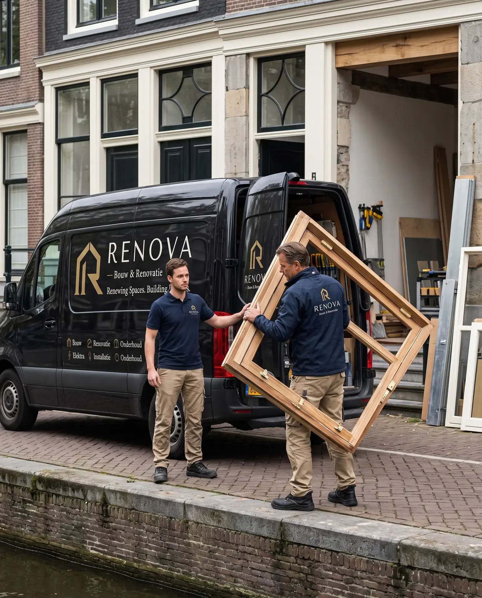 Monteurs brengen een eiken kozijn naar een grachtenpand