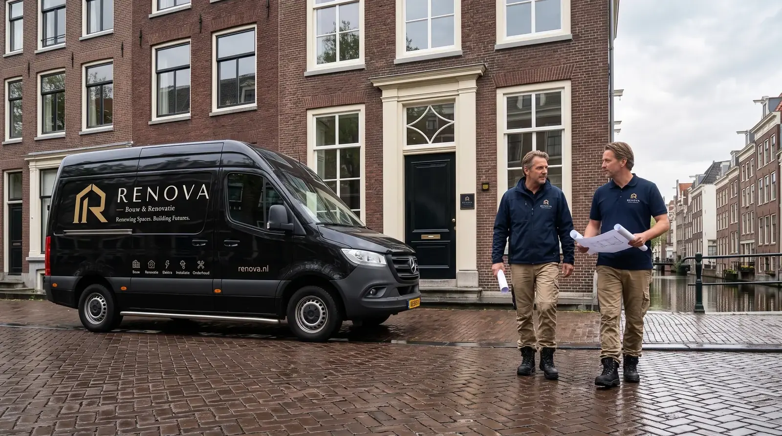 Twee RENOVA-projectleiders met tekeningen langs een Amsterdamse gracht