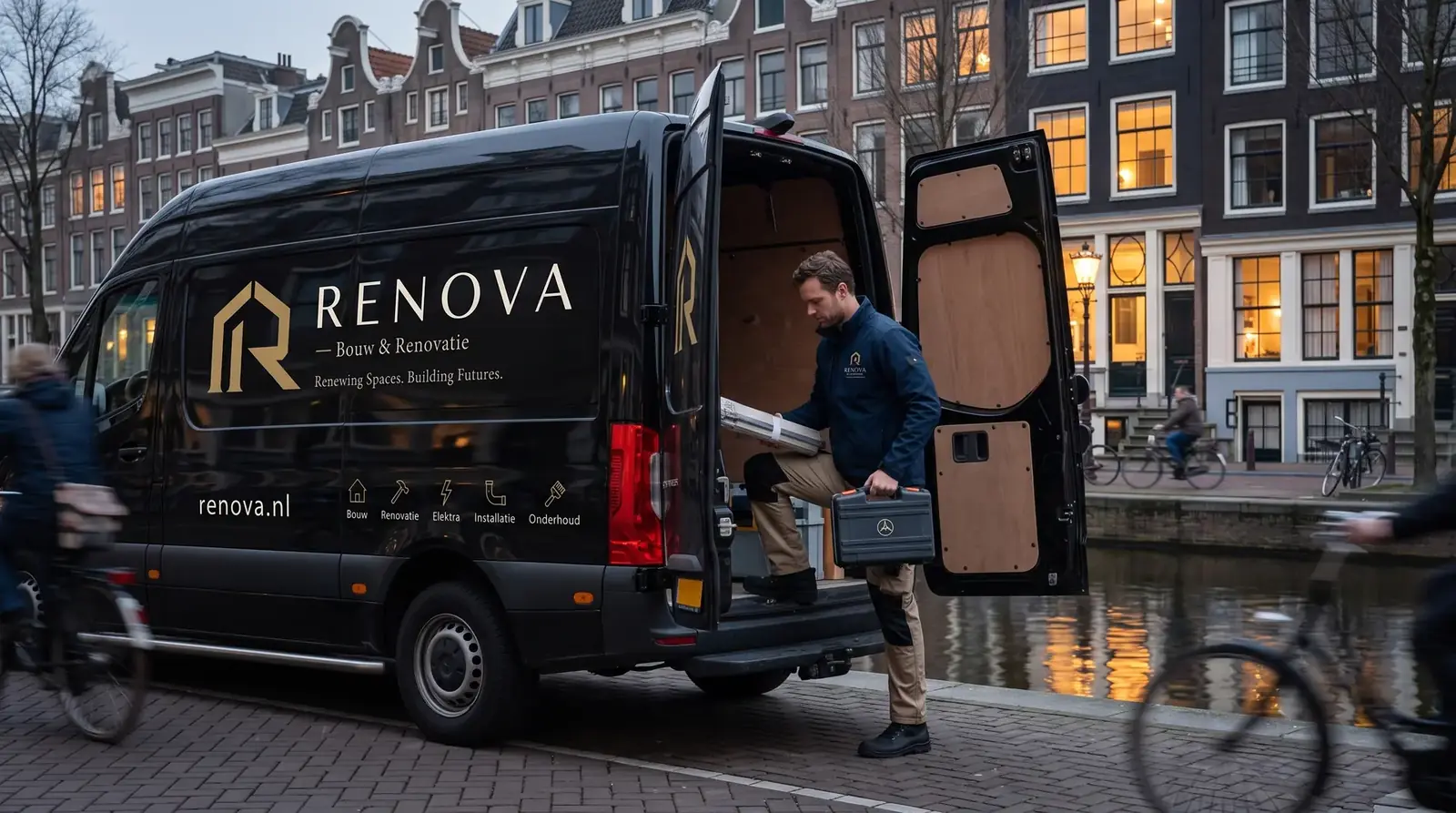 RENOVA-bus bij schemer aan een Amsterdamse gracht