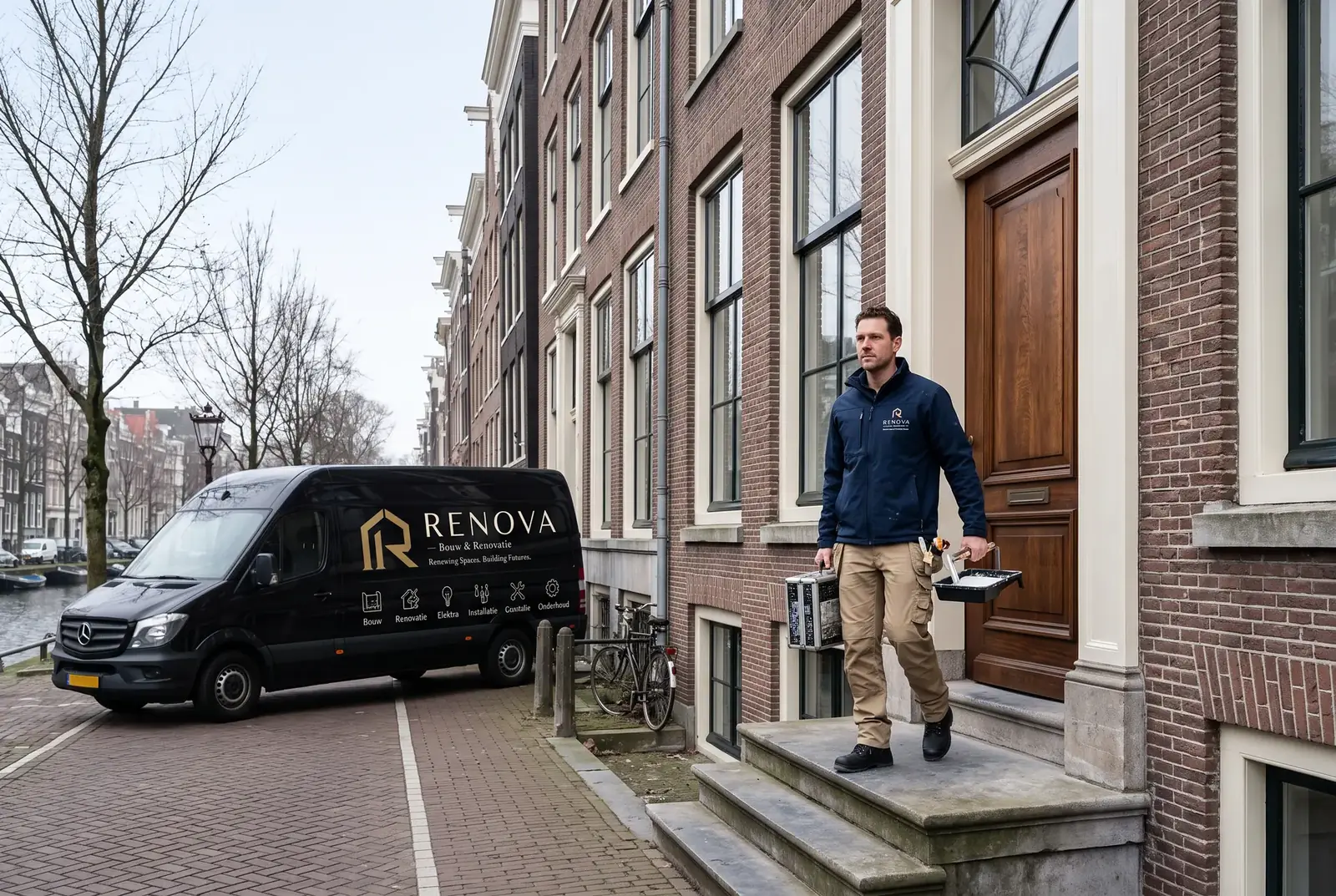 Vakman op de stoep van een grachtenpand, bus langs de gracht
