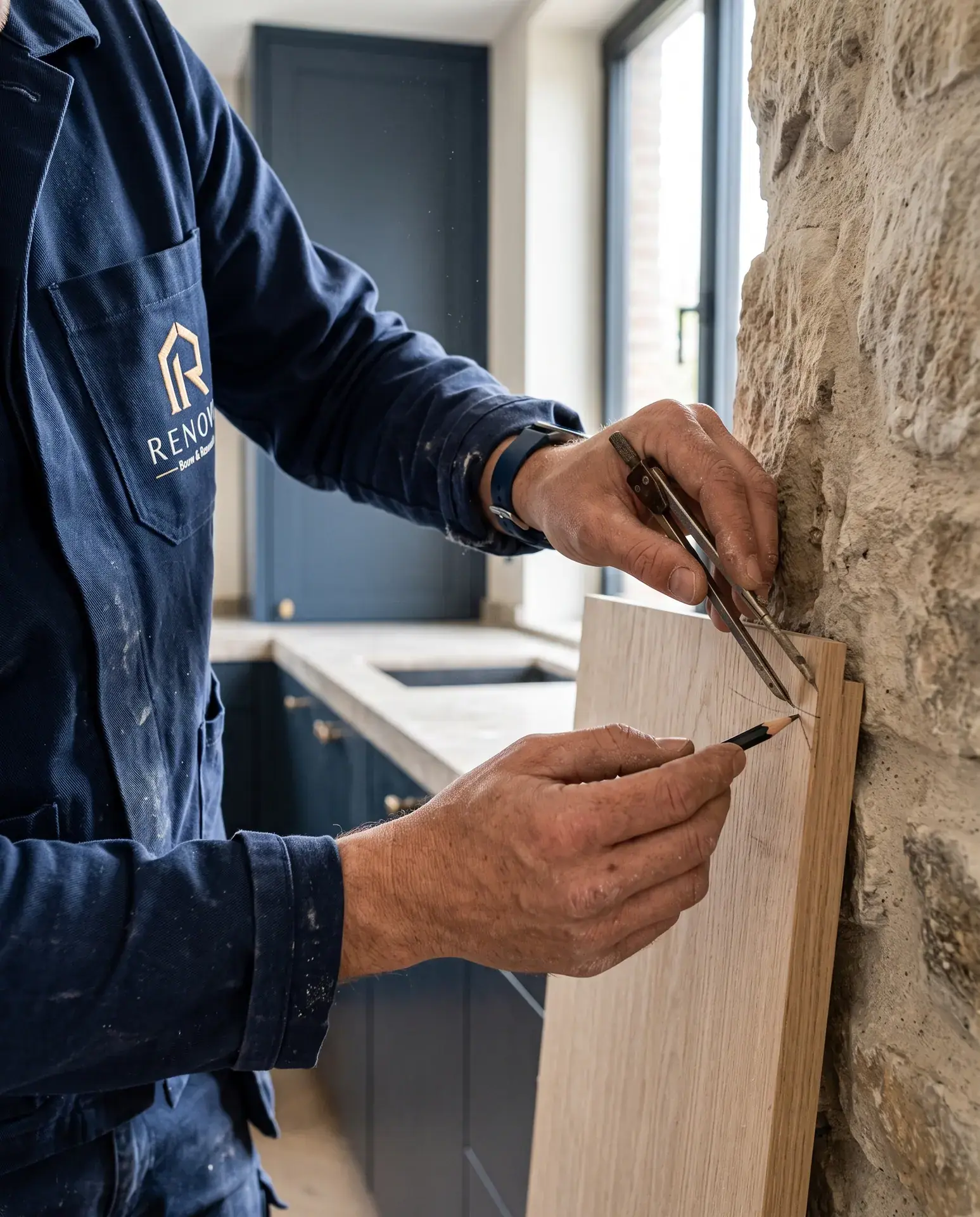 Aftekenen van een eiken paneel tegen natuursteen