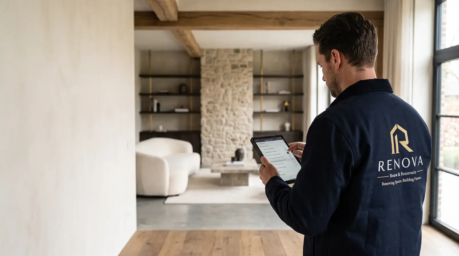 Projectleider loopt de opleverlijst na op een tablet