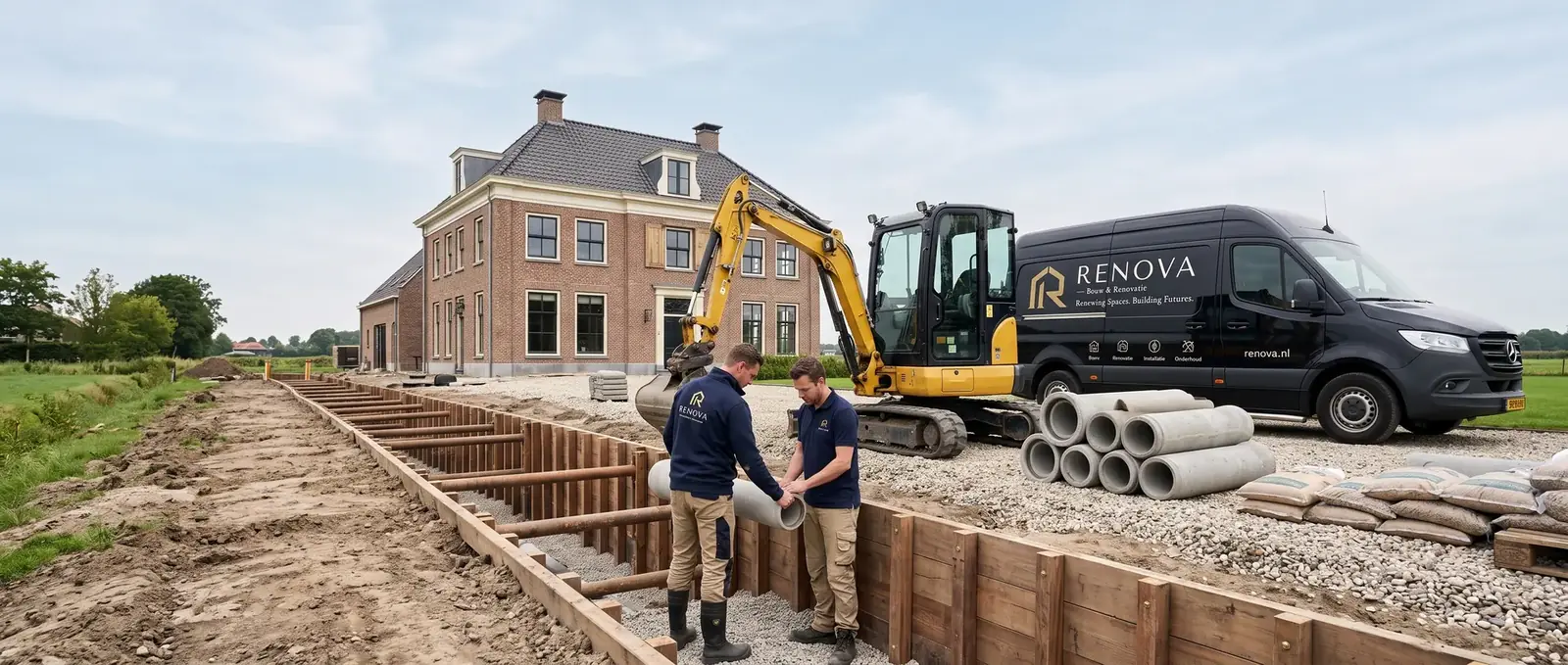 Graafwerk voor riolering bij een landhuis