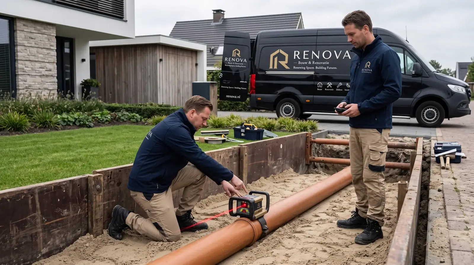 Aanleg van riolering in een sleuf naast de woning