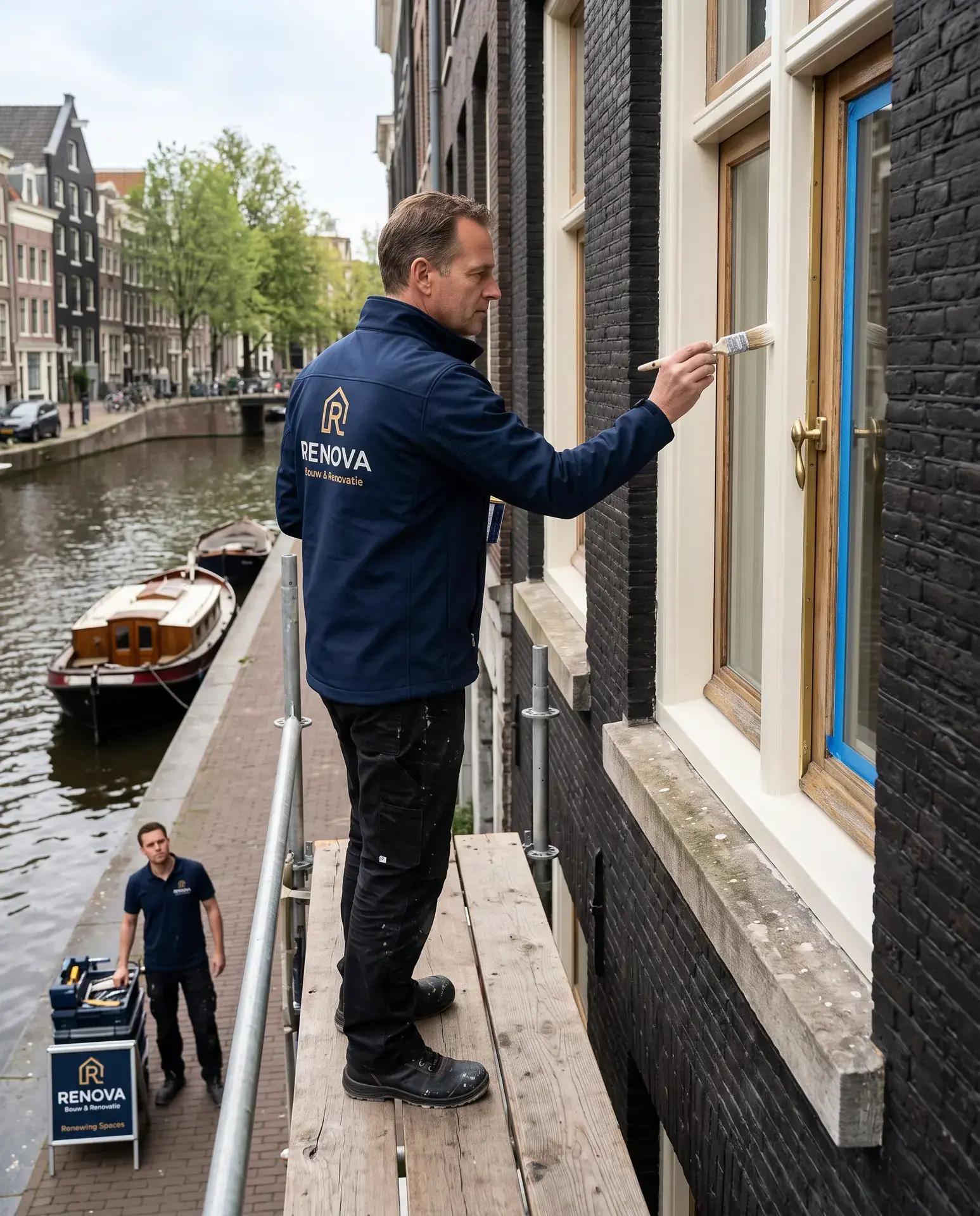 Schilderen van kozijnen aan een grachtengevel