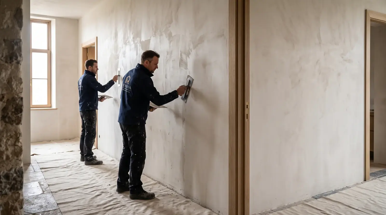 Twee stukadoors werken aan lange wanden