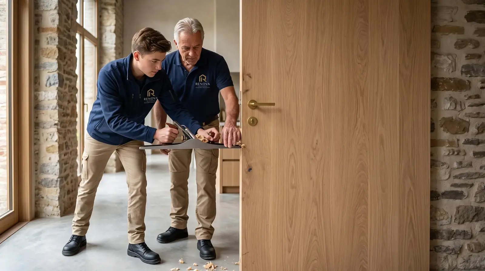 Ervaren timmerman leert een jonge collega