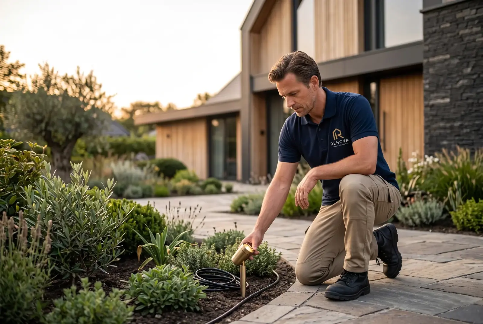 Beplanting en tuinverlichting bij een moderne woning