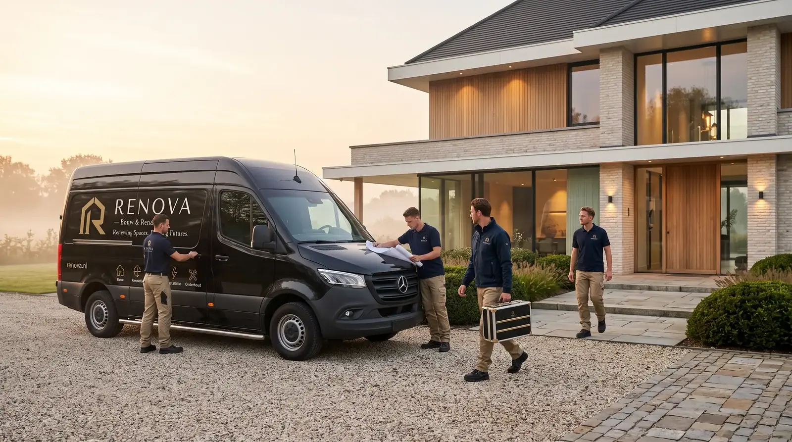 RENOVA-team en Mercedes Sprinter bij een gerenoveerde villa in het ochtendlicht