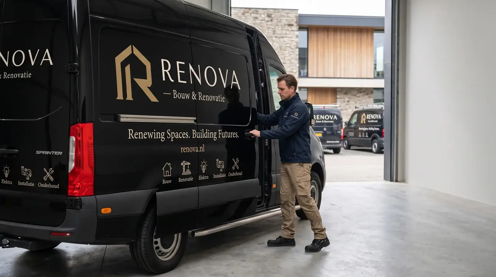 Zijkant van een RENOVA Sprinter met slogan