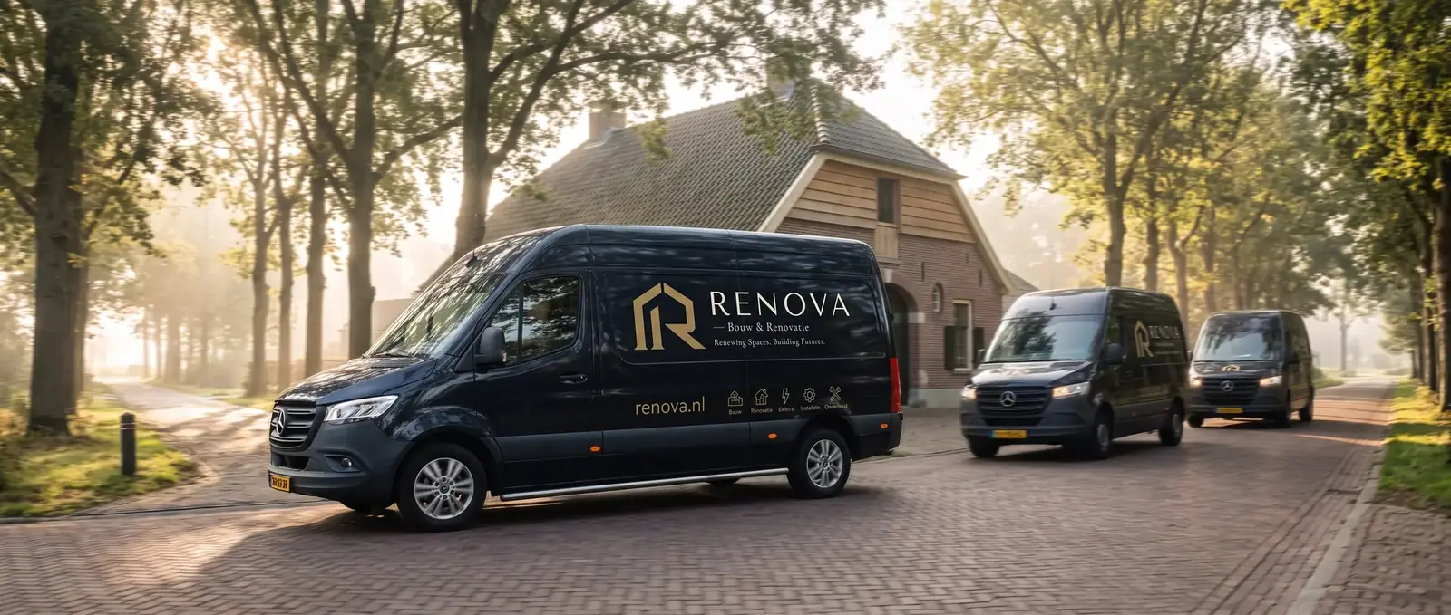 RENOVA-bussen op een laan in het ochtendlicht