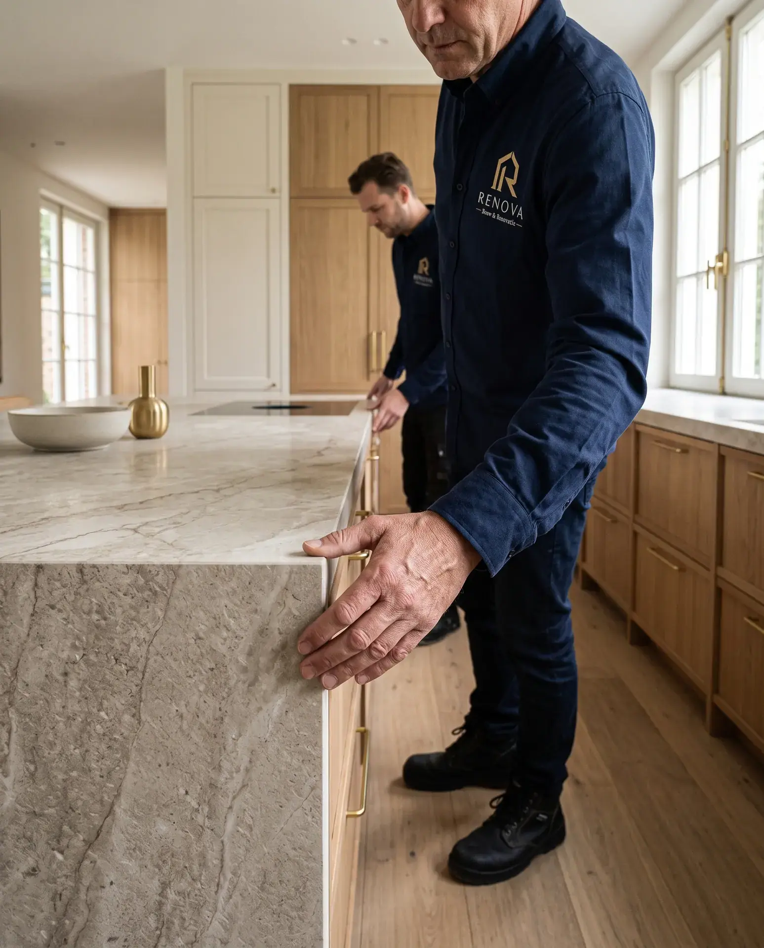 Hand op de kopse kant van een natuurstenen werkblad
