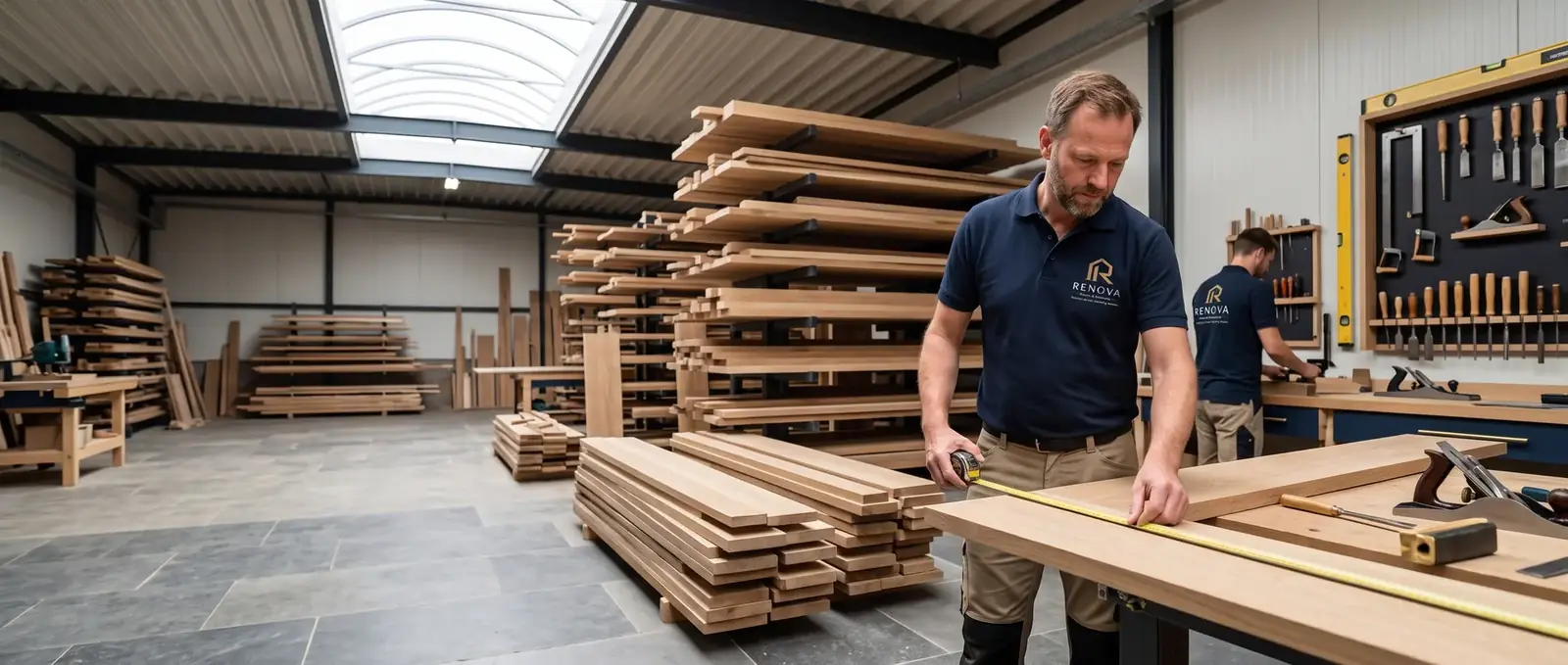 Eiken planken in de werkplaats