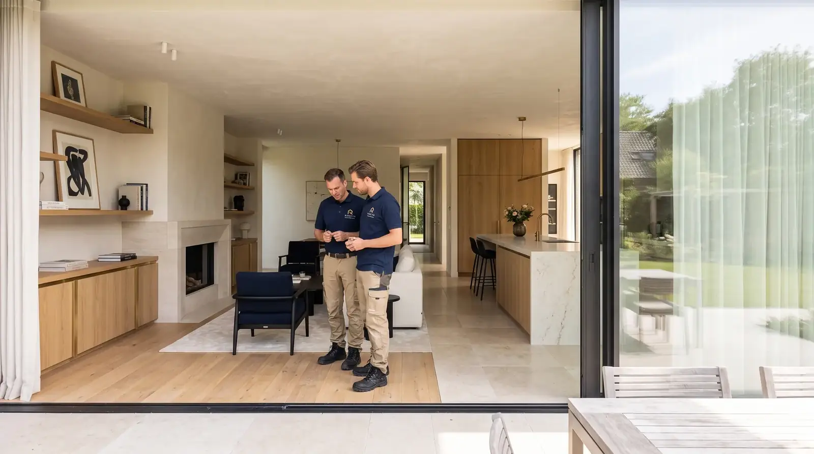 Controle van een afgeronde woonkamer met tuinzicht