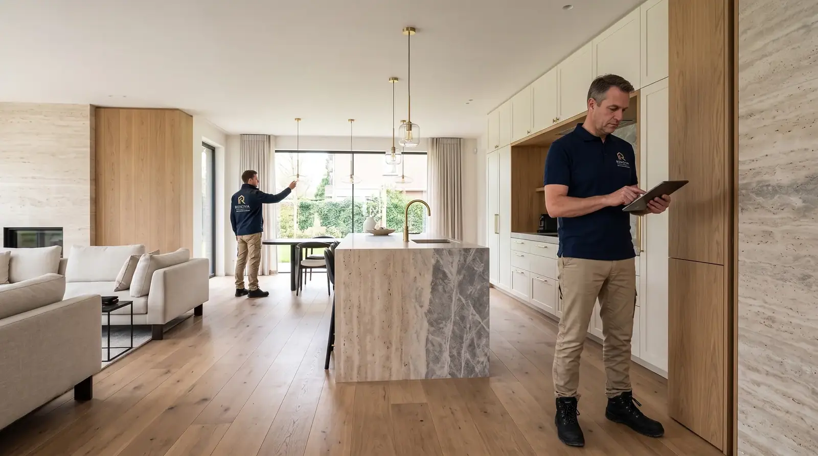 Opname in een gerenoveerde woonkeuken met travertin eiland