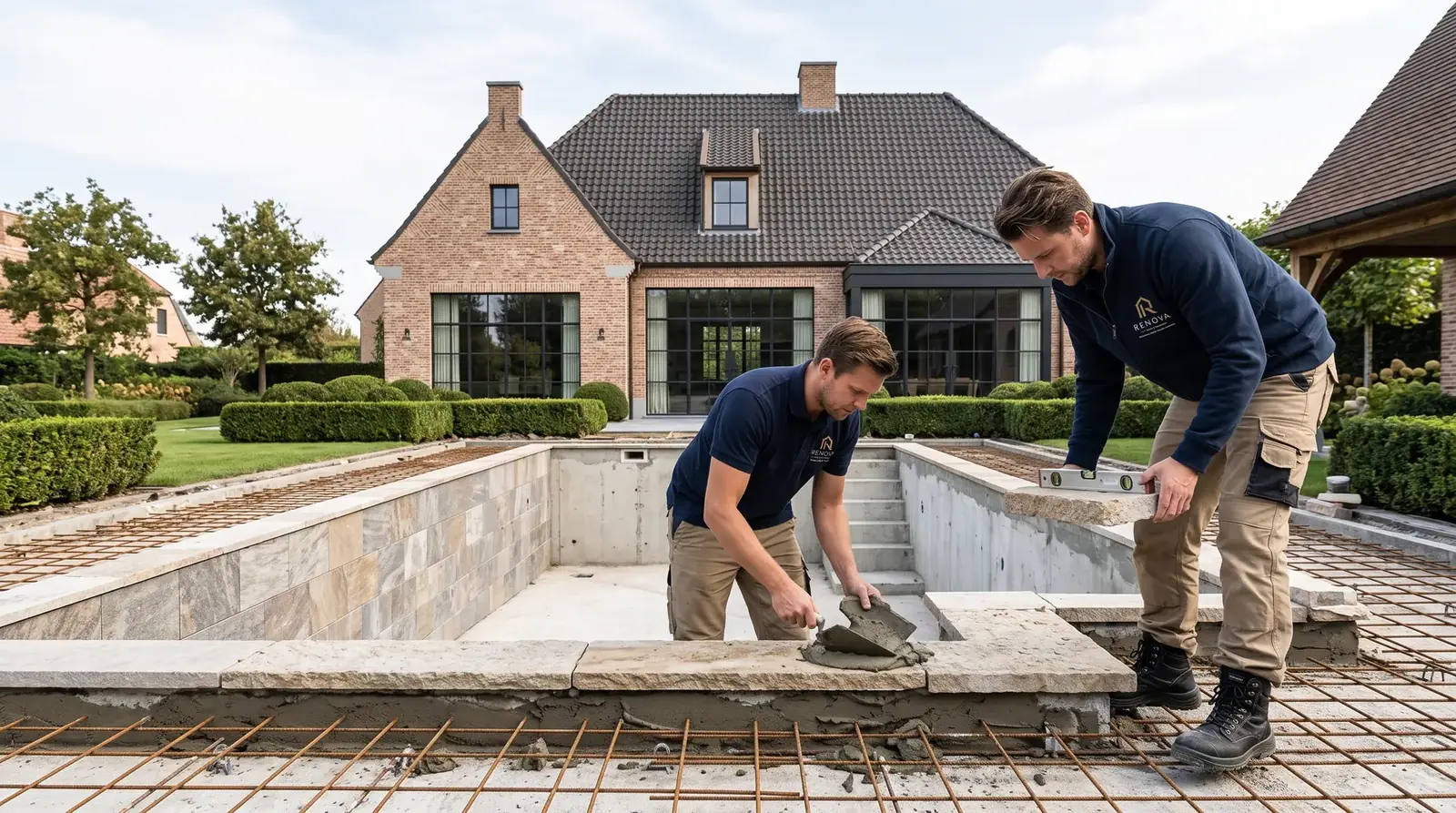 Afwerking van de rand van een zwembad in aanbouw