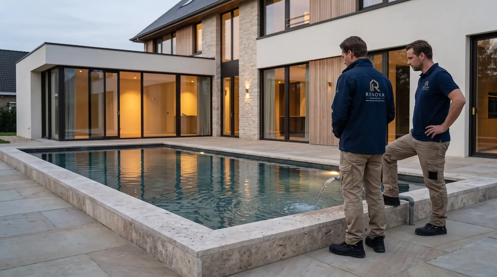 Oplevering van een zwembad bij schemer